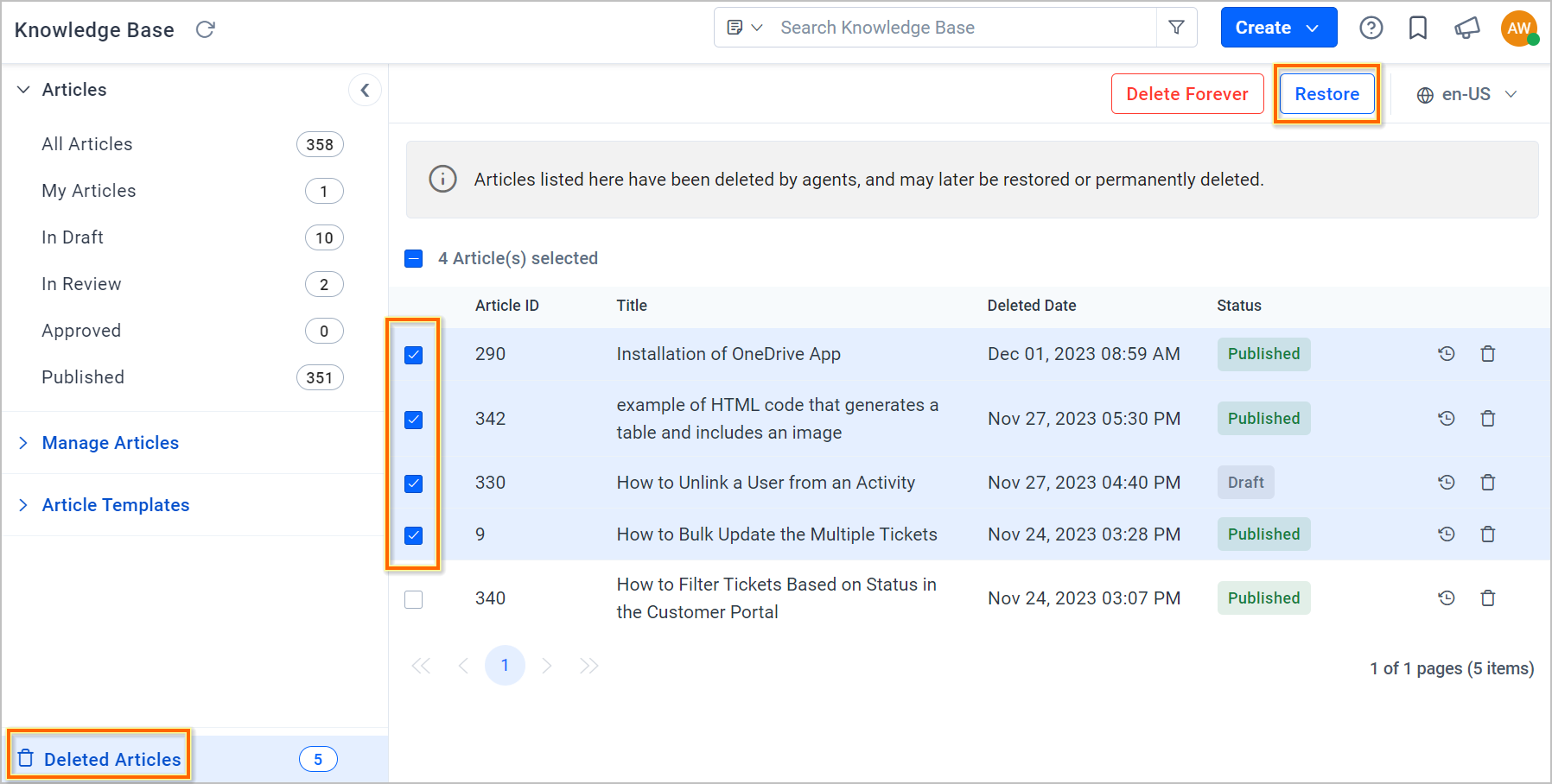 Feature updates in knowledge base 