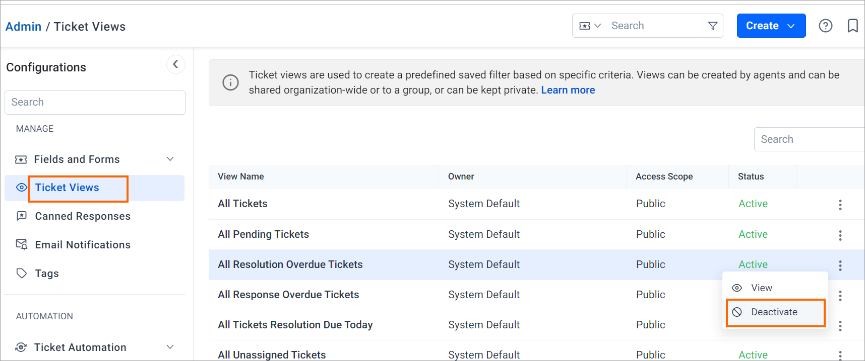 Hide the system’s default ticket views option