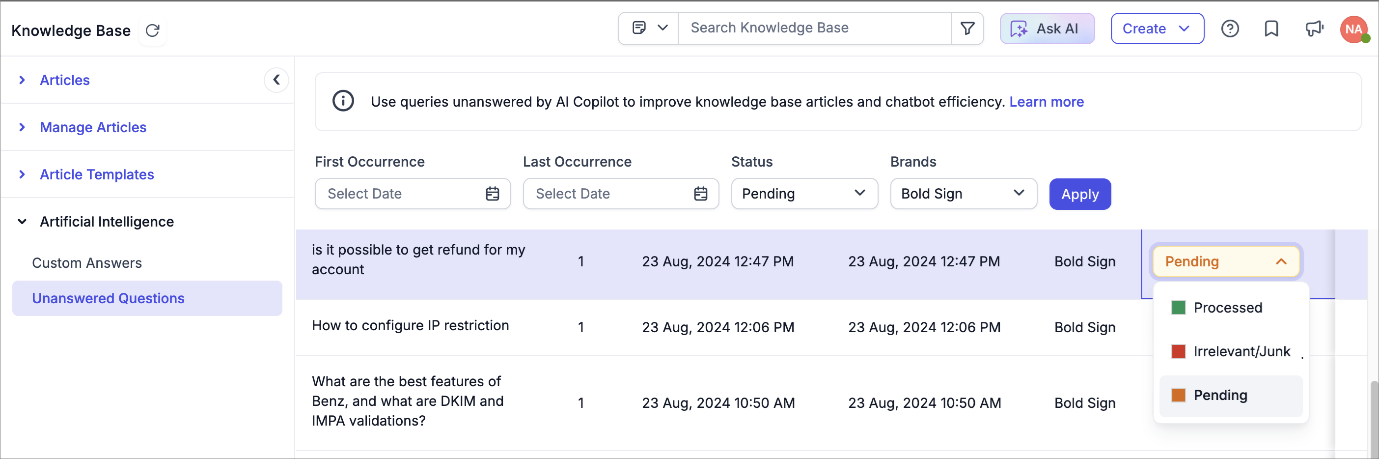 Categorized AI copilot's unanswered questions