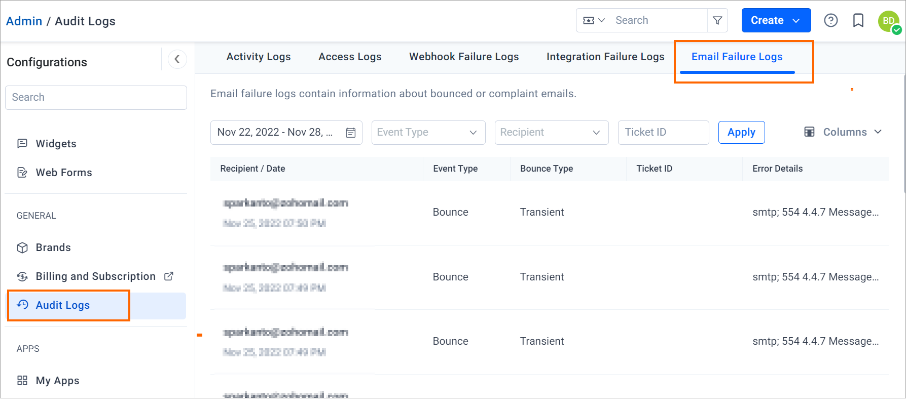 Email delivery failure audit logs