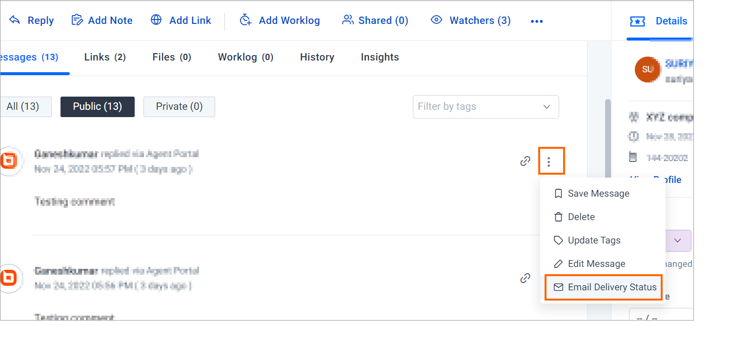 Email delivery status for each message