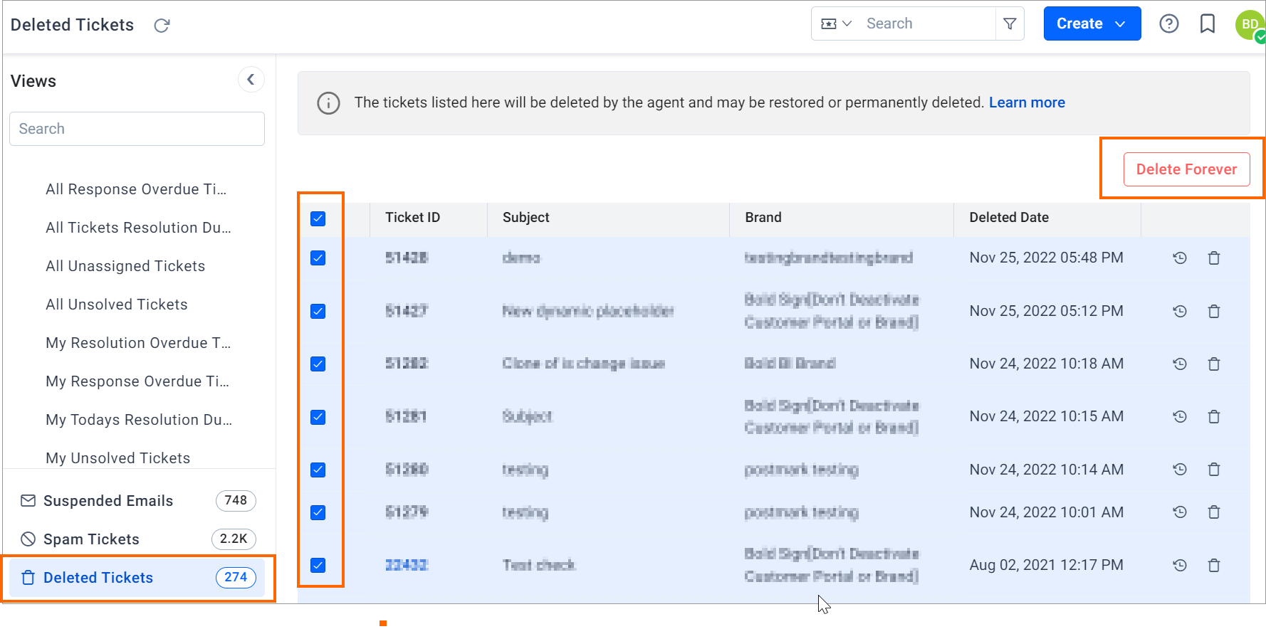 Permanently delete tickets in bulk